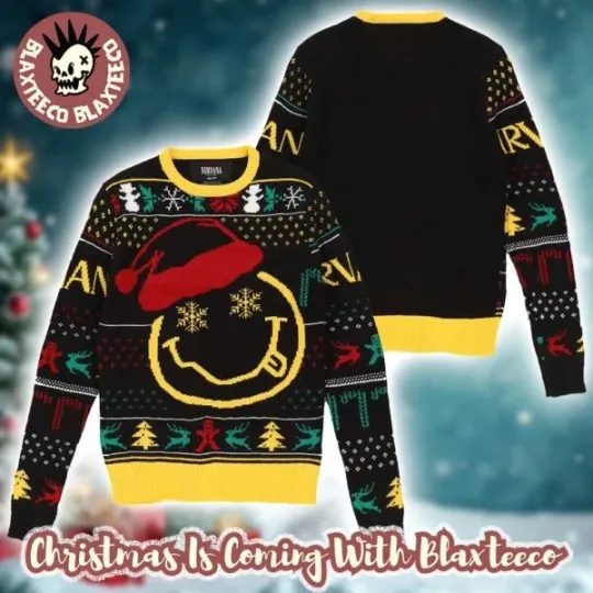 Discover Nirvana Smiley Face Big Logo With Santa Hat Holiday Vibe Ugly Christmas Sweater