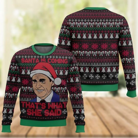 The Office Christmas Ugly Sweater, Tv Show Holiday Sweater, Funny Michael Scott Santa Is Coming Christmas Sweater, Christmas Party Gift