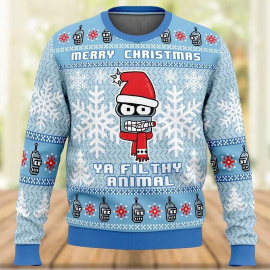 Bender Futurama Christmas Sweater, Merry Christmas Ya Filthy Animal, Futurama Xmas Sweater, Holiday Sweater, Cartoon Christmas Shirt