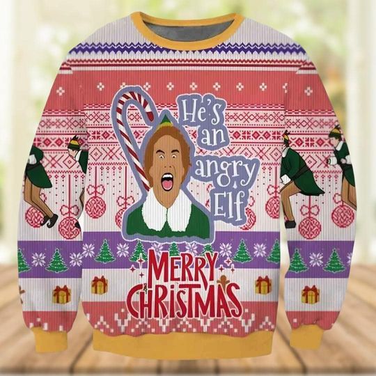 Discover Elf Buddy Christmas Ugly Sweater, He's An Angry Elf Shirt, Merry Christmas Shirt, Movie Holiday Sweater, Xmas Gift For Women Men Kids