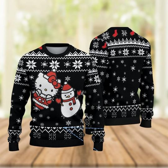 Hello Kitty Christmas Ugly Sweater, Snowman Sweater, Cute Xmas Gift Idea for Women Kids, Holiday Sweater, Movie Cartoon Shirt, Gift For Her