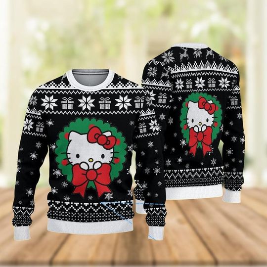 Hello Kitty Christmas Ugly Sweater, Cute Kitty Sweater, Xmas Sweater, Holiday Sweater Gift for Women Kids, Cat Lover Shirt, Christmas Gift