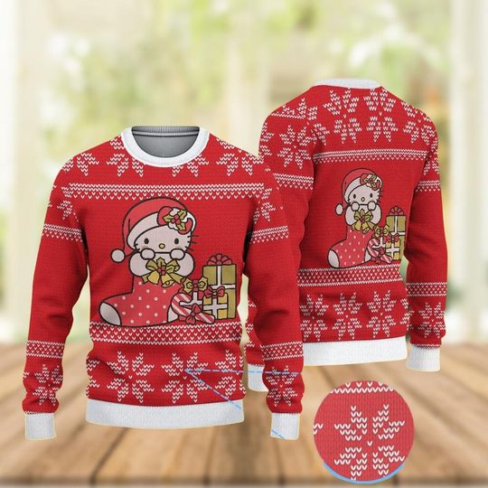 Funny Hello Kitty In Socks Christmas Ugly Sweater, Cute Kitty Sweater, Xmas Sweater, Holiday Sweater Gift for Women Kids, Cat Lover Shirt
