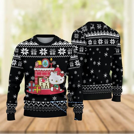 Christmas Hello Kitty Ugly Sweater, Cute Kitty Cat Holiday Sweater, Cartoon Xmas Gift for Her, Merry Christmas Sweater, Sweater For Women