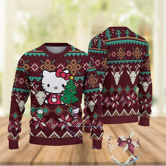 Christmas Hello Kitty Ugly Sweater, Cute Xmas Sweater, Kitty Cat Sweater, Holiday Sweater, Cartoon Sweater, Cat Lover, Christmas Gift For Her