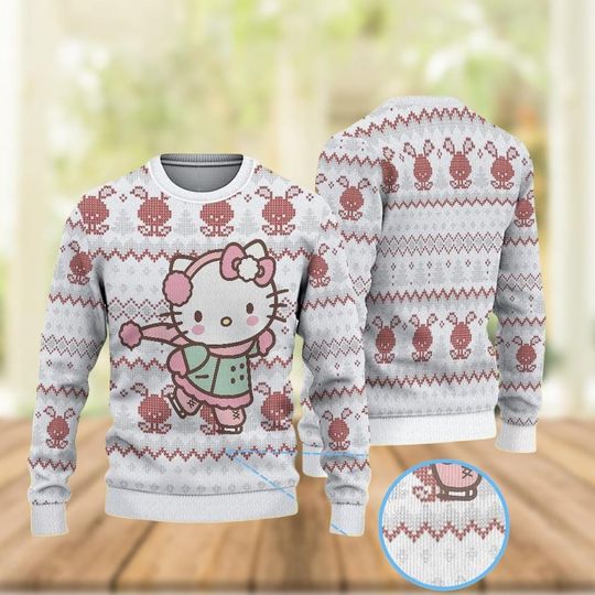 Christmas Hello Kitty Sweater, Cute Kitty Cat Holiday Sweater, Cartoon Xmas Gift for Her, Merry Christmas Shirt, Sweater For Women