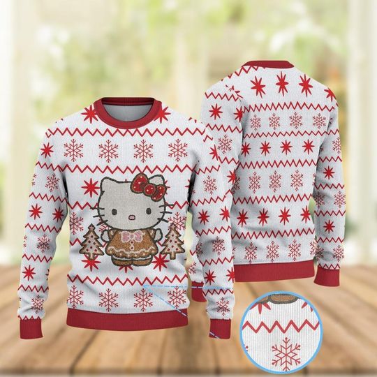 Hello Kitty Gingerbread Christmas Ugly Sweater, Cute Kitty Cat Character Sweater, Holiday Sweater, Cartoon Christmas Shirt,Xmas Gift for Her