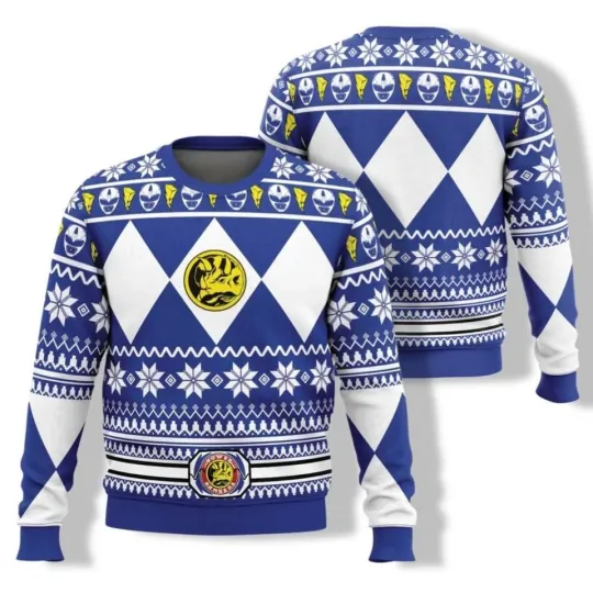Blue Power Ranger Ugly Christmas Sweater, Mighty Morphin Sweater Men, Christmas