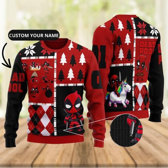 Custom Deadpool Unicorn Christmas Ugly Sweater, Superhero Marvel Xmas Sweater, Funny Deadpool Sweater For Men Women Kid, Xmas Holiday Gift