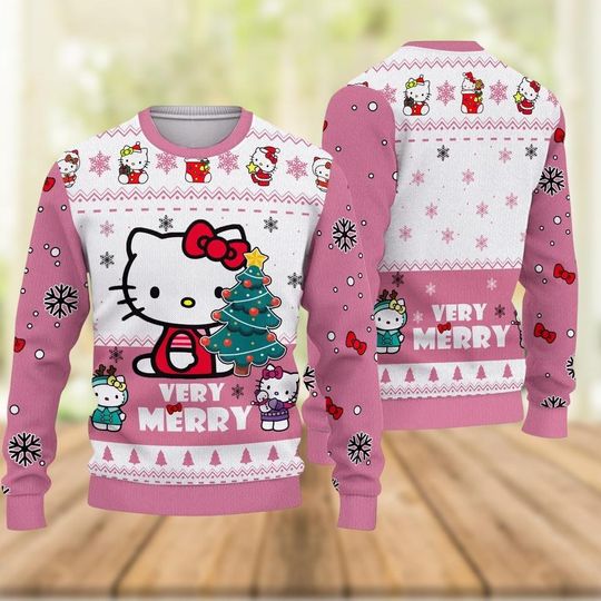 Hello Kitty Very Merry Christmas Ugly Sweater, Cat Movie Xmas Sweater, Kitty Cat Holiday Sweater, Cute Kitten Shirt, Christmas Gift For Her