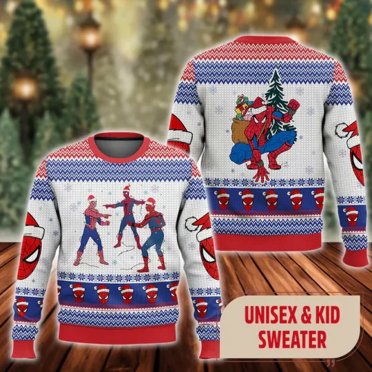 BG Meme Spiderman Santa Hat Ugly Christmas Sweater, Funny Spiderman Xmas Sweatsh