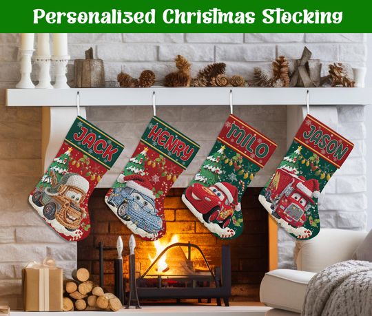 Discover Personalized Car Cartoon Christmas Stocking, Custom Name Cartoon PRINTED Christmas Stocking, Home Decoration, Christmas Stocking, Xmas Gift