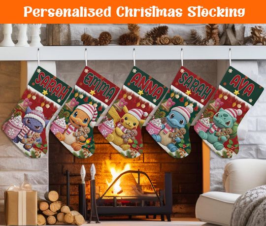Personalized Poke Monster Christmas Stocking, Custom Video Game PRINTED Christmas Stocking, Home Decoration, Christmas Stocking, Xmas Gift