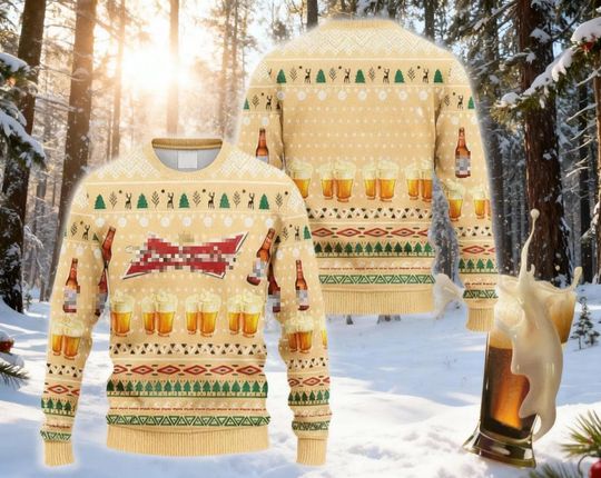 Discover King of Beers Christmas Sweater, Budweiser Holiday Jumper, American Lager Ugly Knit, Beer Lover Xmas Gift, Tan Red Brew Sweater