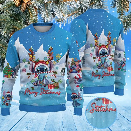 Merry Stitchmas Blue Alien Holiday Jumper, Cute Cartoon Ugly Christmas Sweater, Reindeer Ears Xmas Sweater, Animation Fan Gift