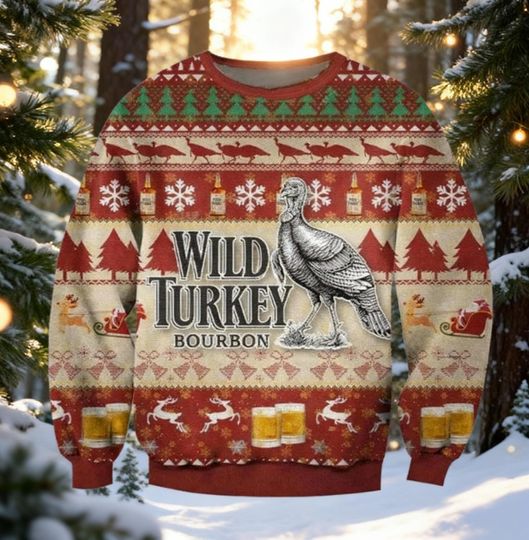 Wild Turkey Christmas Sweater, Bourbon Ugly Holiday Sweatshirt, Whiskey Lover Xmas Party Crewneck, Funny Thanksgiving Drinking Gift