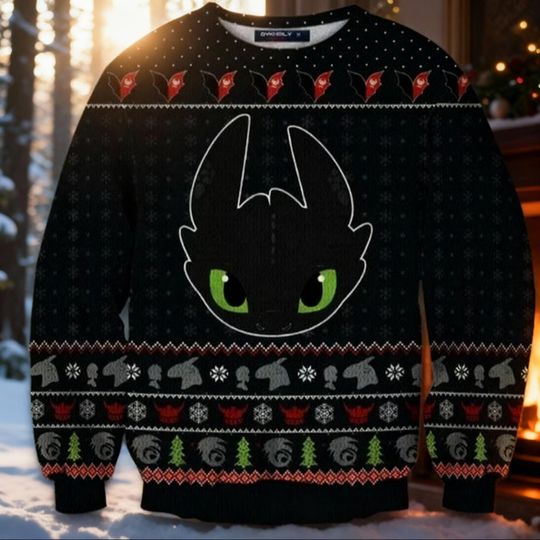 Discover Black Dragon Ugly Christmas Sweater, Night Creature Holiday Sweatshirt, Green Eye Dragon Gift for Movie Fan, Xmas Party Nerdy Sweatshirt