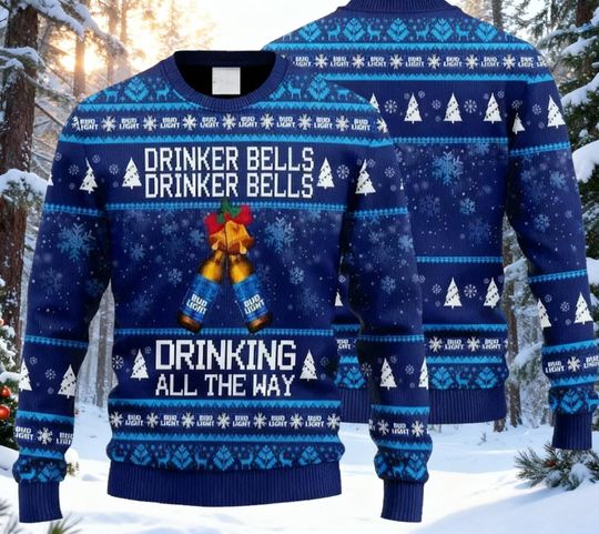 Discover Drinker Bells Funny Ugly Christmas Sweater, Drinking All The Way, Beer Lover Holiday Party Sweatshirt, Blue XMAS Gift for Him
