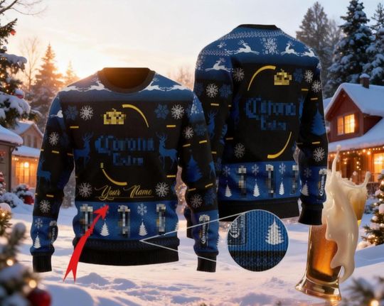 Personalized Crown Beer Ugly Christmas Sweater, Custom Name Sweatshirt, Mexican Brew Holiday Sweatshirt,, Feliz Navidad Party Gift