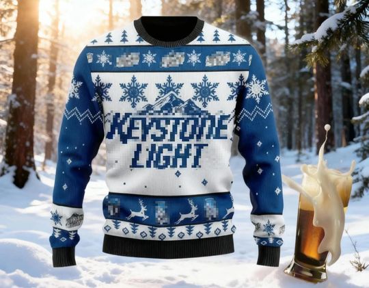 Discover Mountain Beer Ugly Christmas Sweater, Blue & White Light Brew Jumper, Snowflakes Keystone Holiday Sweatshirt