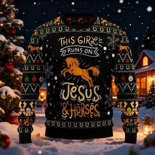 This Girl Runs On Faith & Horses Ugly Christmas Sweater, Horse Lover Holiday Jumper, Christian Rider Xmas Gift