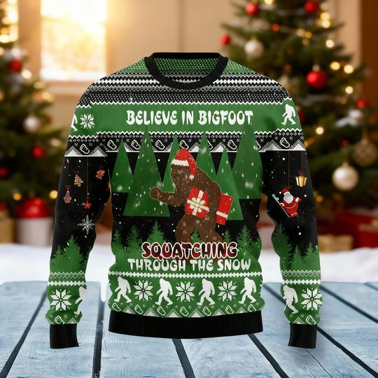 Squatting Through The Snow Ugly Christmas Sweater, Funny Bigfoot Believe Jumper, Cryptid Holiday Xmas Gift