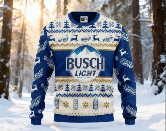 Discover Mountain Lager Ugly Christmas Sweater, Blue & White Light Brew Jumper, Festive Snowflakes Beer Holiday Gift