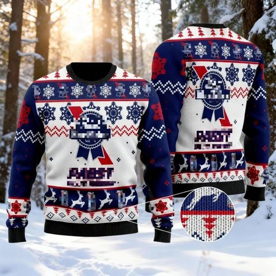 Blue Ribbon American Lager Christmas Sweater, Winter Holiday Beer Jumper, Light Beer Lover Gift for Dad, Funny Alcohol Ugly Xmas Sweatshirt