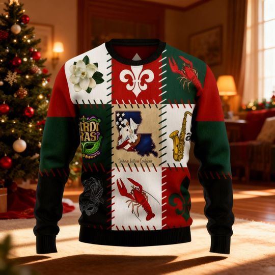 Discover Louisiana Patchwork Ugly Christmas Sweater, Crawfish Mardi Gras Jumper, New Orleans Fleur De Lis Holiday Sweater, Southern Xmas Gift