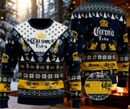 Mexico Beer Christmas Sweater, Crown Extra Ugly Holiday Jumper, Lime Bottle Xmas Gift, Corona Drinker Party Sweater, Navy Yellow Brew Knit