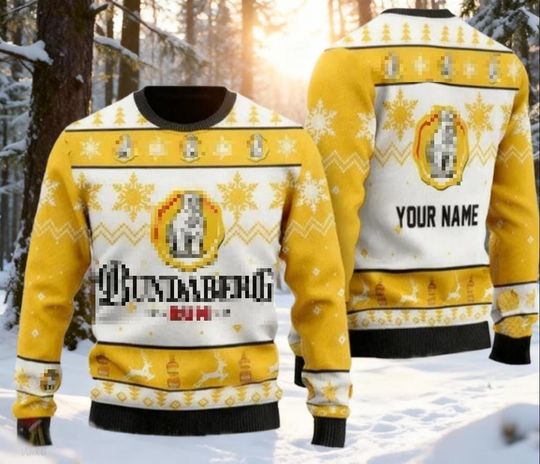 Custom Bear Rum Ugly Christmas Sweater, Personalized Alcohol Gift Jumper, Drink Lover Holiday Party, Yellow & White Spirit Xmas Apparel
