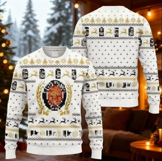 White & Gold Light Beer Ugly Christmas Sweater, Pilsner Alcohol Holiday Jumper, Fine Quality Brew Xmas Gift, Drinking Party Apparel