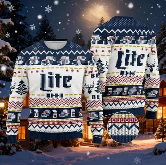 White & Navy Light Beer Ugly Christmas Sweater, Pilsner Alcohol Holiday Jumper, Deer Pattern Drink Lover Xmas Gift, Christmas Party