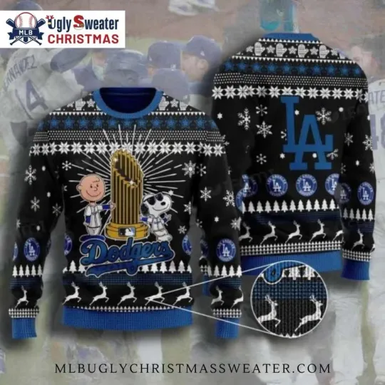 Discover LA Dodgers World Series Trophy Ugly Christmas Sweater With Charlie Brown