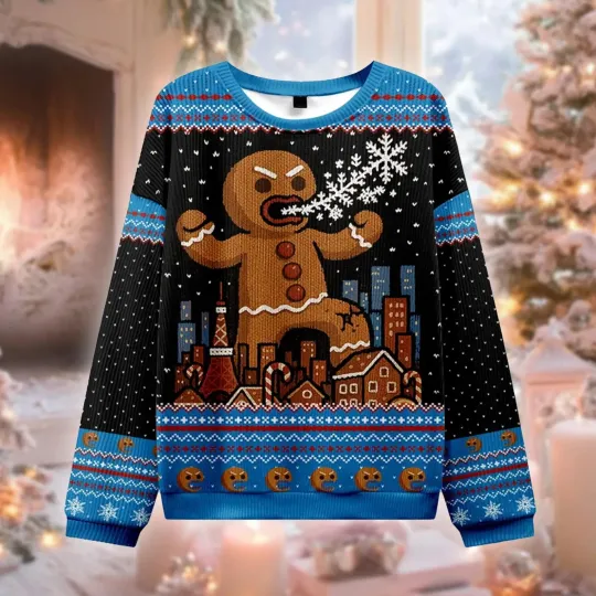 Discover god zilla Gingerbread Man Sweater, Kaiju Ugly Christmas Jumper, Giant Gingerbread
