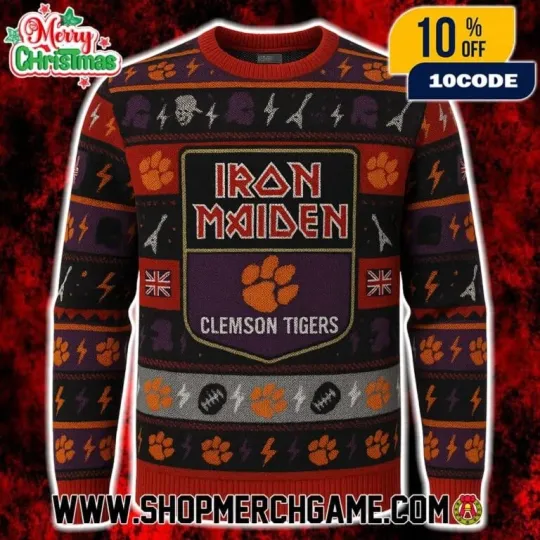 I M x Clemson Tigers NCAA 3D Ugly Sweater Black Purple Orange Christmas 2025