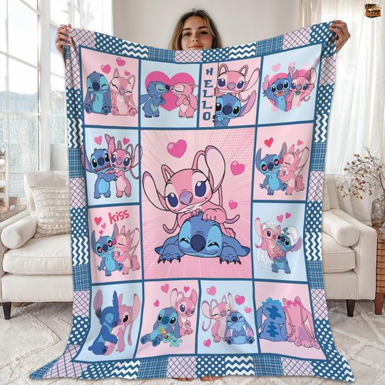 Disneyland Stitch Angel Fleece Blanket, Stitch And Angel Fleece Blanket For Bed Couch Sofa