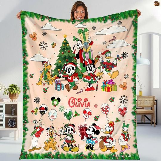 Discover Personalized Mickey And Friends Santa Christmas Blanket, Custom Name Disneyland Xmas Blanket