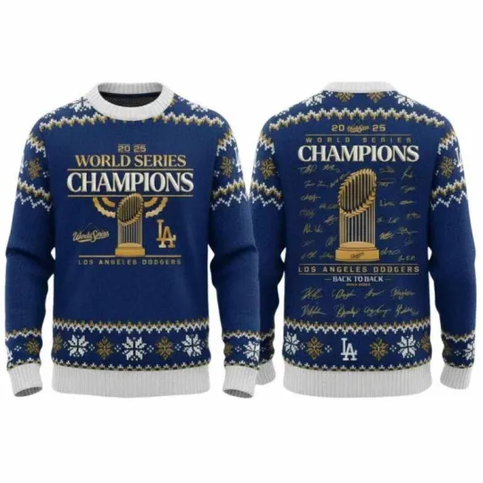Discover 2025 Dodgers Back-to-Back World Series Signature Ugly Christmas Sweater