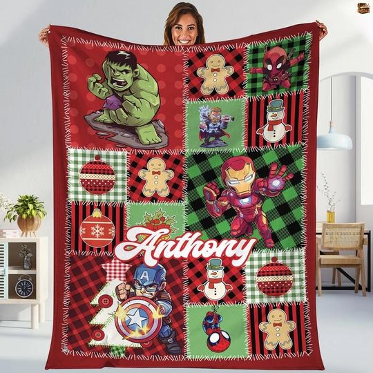 Personalized Avengers Christmas Blanket, Captain America Iron Man Hulk Fleece Blanket