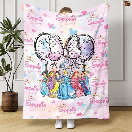 Discover Personalized Watercolor Disneyland Princess Blanket, Custom Baby Girl Blanket, Disneyland Princess Birthday Blanket, Princess Castle Blanket