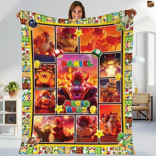 Personalized Super Mario Bros Bowser Fleece Blanket, Bowser Princess Peach Blanket