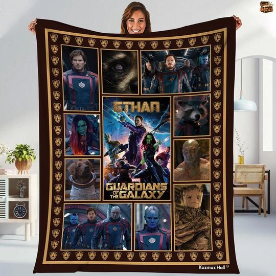 Personalized Guardians Of The Galaxy Team Blanket, Star Lord Rocket Racoon Baby Groot Flecce Blanket