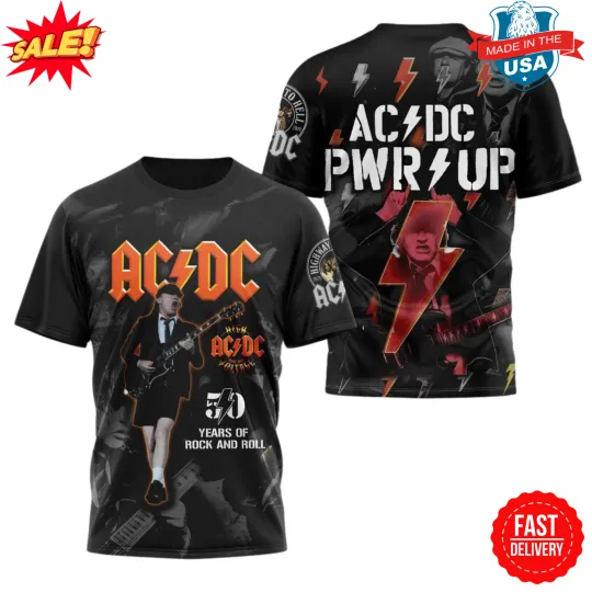 Discover AC DC PWR Up 50 Years Of Rock And Roll 3D T-Shirt, Gift For Fan