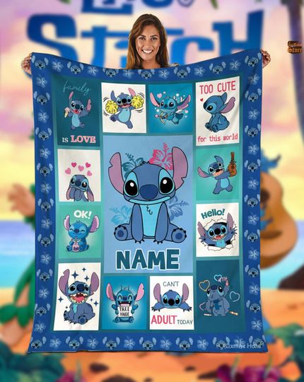 Personalized Stitch Fleece Blanket, Ohana Means Family, Lilo And Stitch Blanket