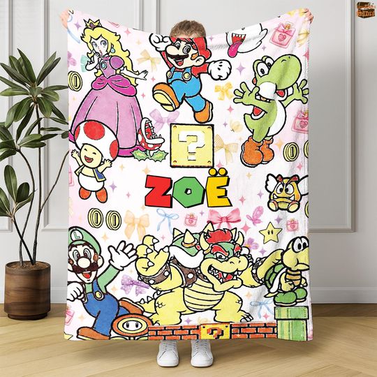 Personalized Super Mario Watercolor Coquette Bow Blanket, Custom Name Mario Blanket