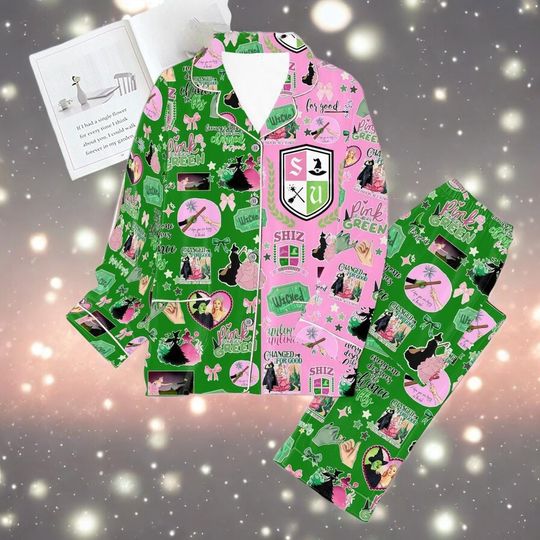 Wicked Pajama Set, Glinda & Elphaba Inspired Sleepwear, Wicked Movie Fan Long Lounge Set Sleepwear, Witchy Feminine Pajamas