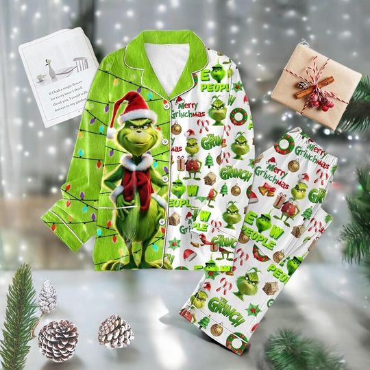 Discover Green Monster Ew People 2025 Merry Christmas Pajamas Set | Funny Holiday Sleepwear for Adults - - Family Matching Christmas Pajamas Set