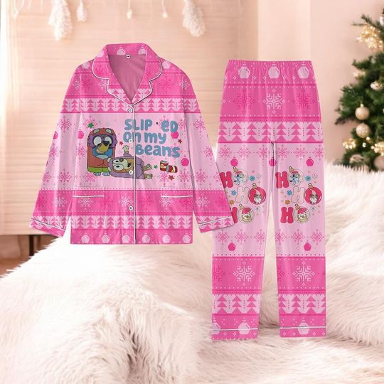 Discover Blue Dog Inspired Christmas Pajamas Set  Funny I Slipped On My Beans Holiday Sleepwear Outfit 2025