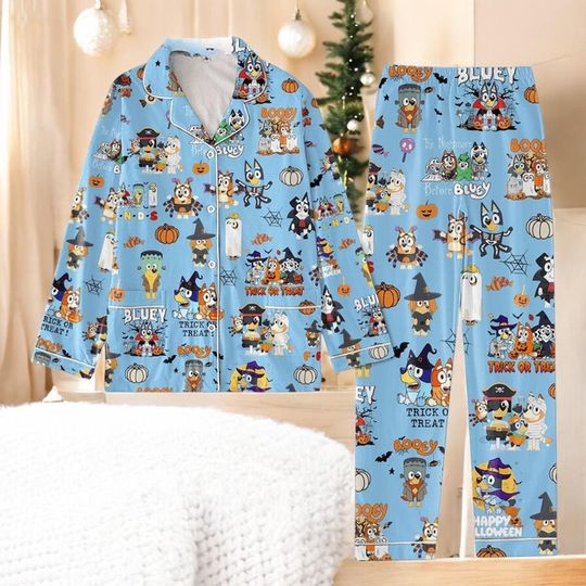 Blue Dog & Spooky Night Inspired Pajamas Set  Cute Cartoon Halloween Christmas Pajamas 2025, Cozy Family Sleepwear
